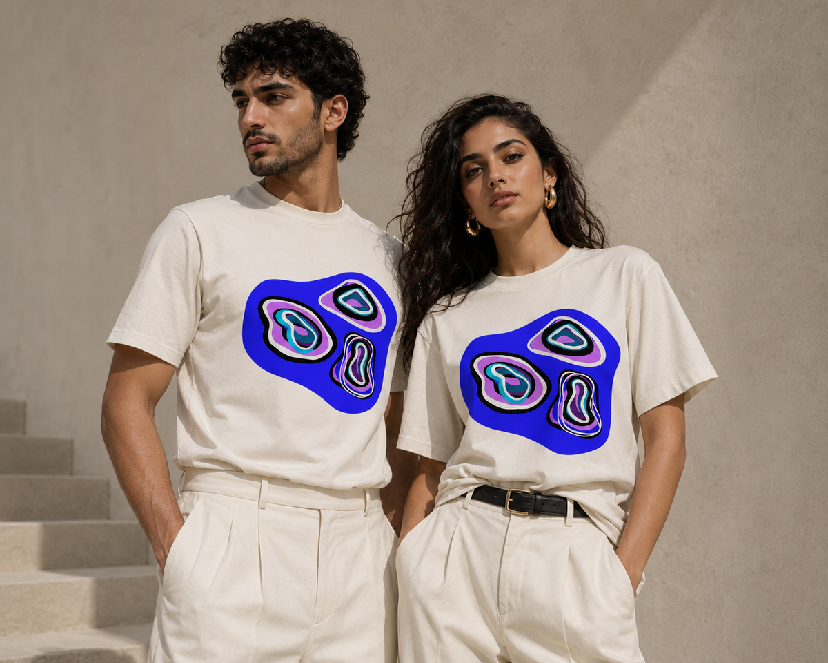 NARRATIVE ARTISTIC BLUE COLORFUL GRAPHICS T-SHIRT